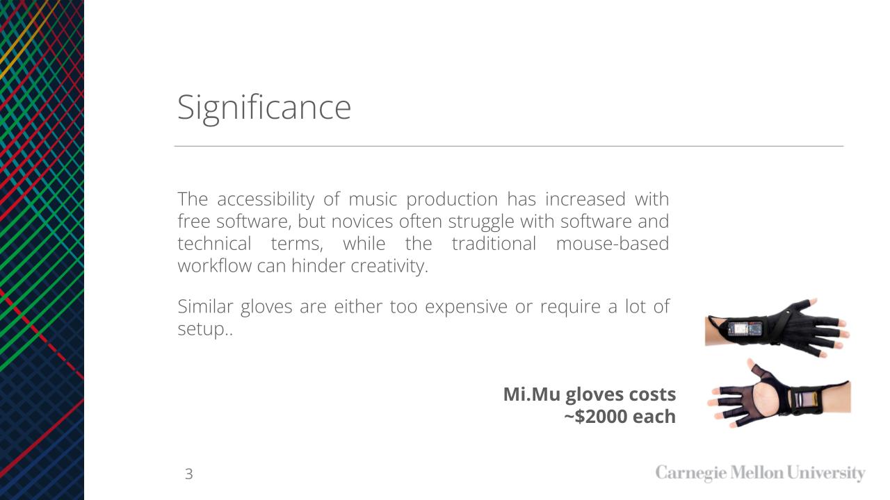 the accessibility of music production has increased with free software, but novices often struggle with software and technical terms, while the traditional mouse-based workflow can hinder creativity. Similar gloves are either too expensive or require a lot of setup.