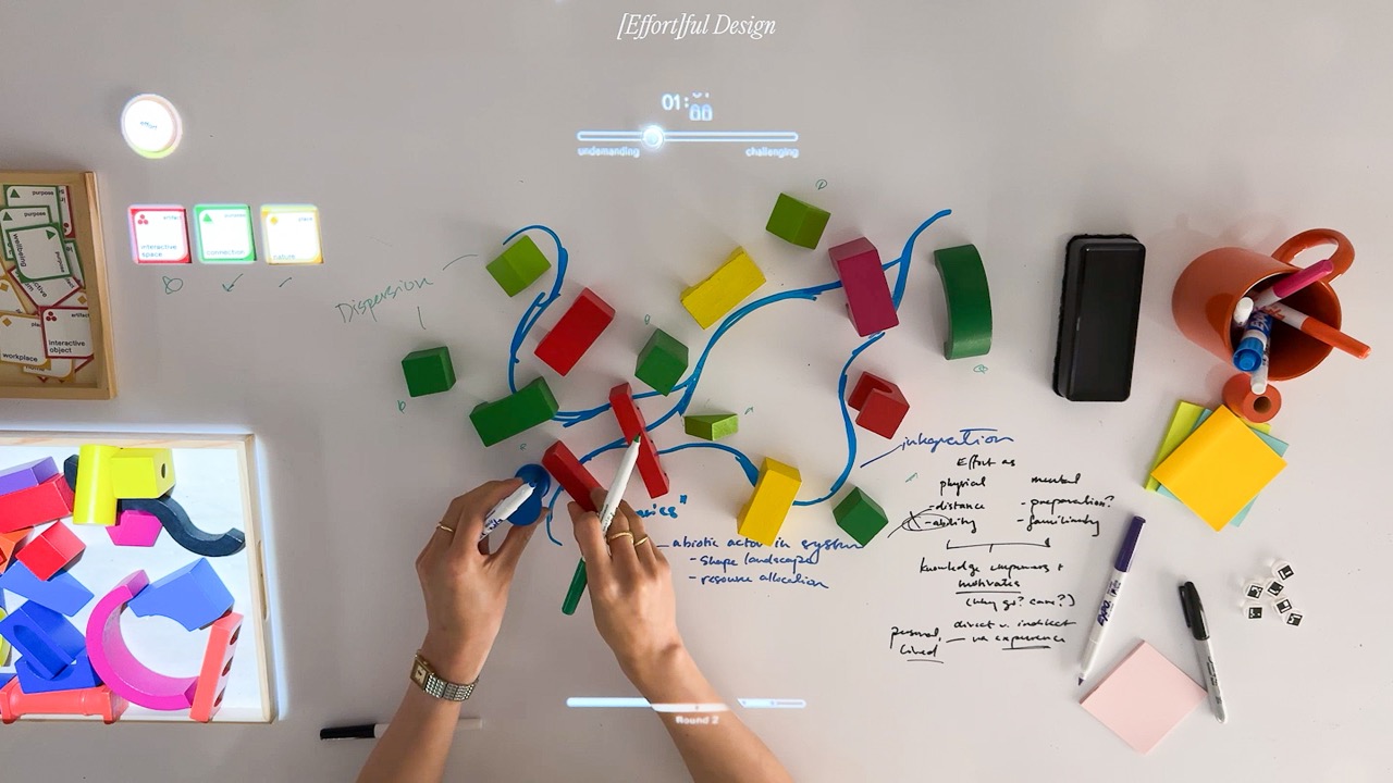 2 hands hold wood blocks and markers over a whiteboard table surface, an aerial view. An interactive projection is visible at the edge of the table surface further from the hands, overlapping with different objects and in some places a timer off to itself.